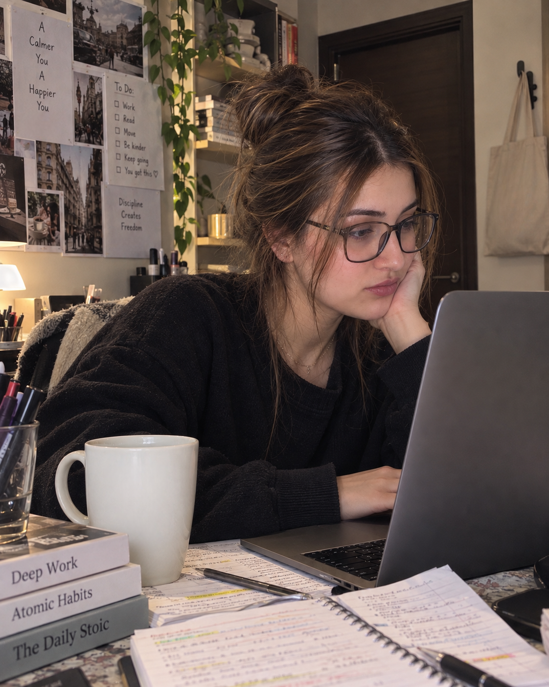Husna Hanif Shaikh working at her desk